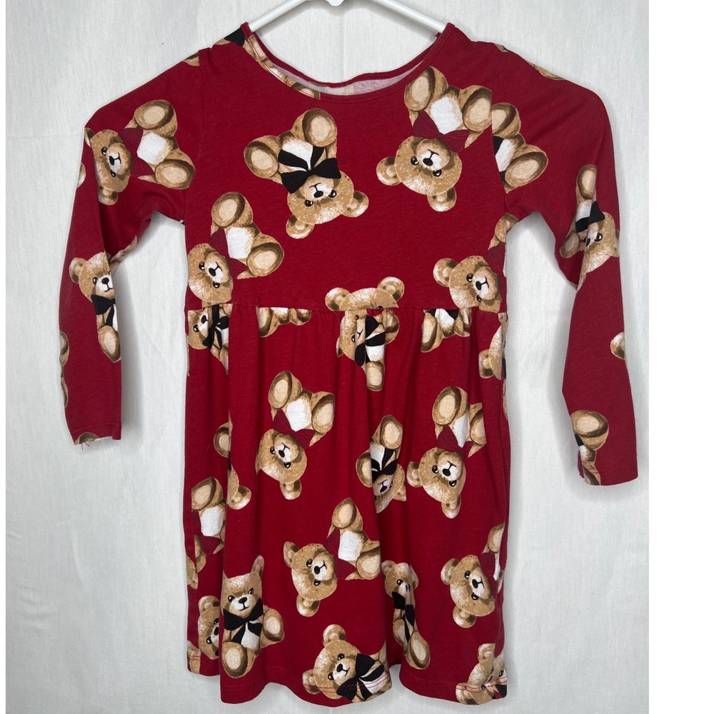 HM Girls Red Teddy Bear Print‎ Long Sleeve Jersey Dress Size 5T 6